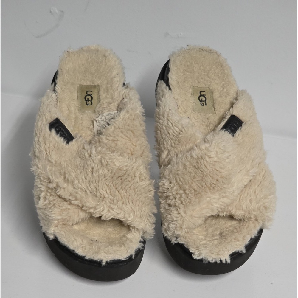 UGG Womens Size 5 Fuzz Sugar Cross Slide Natural Faux Fur Shearling Slippers